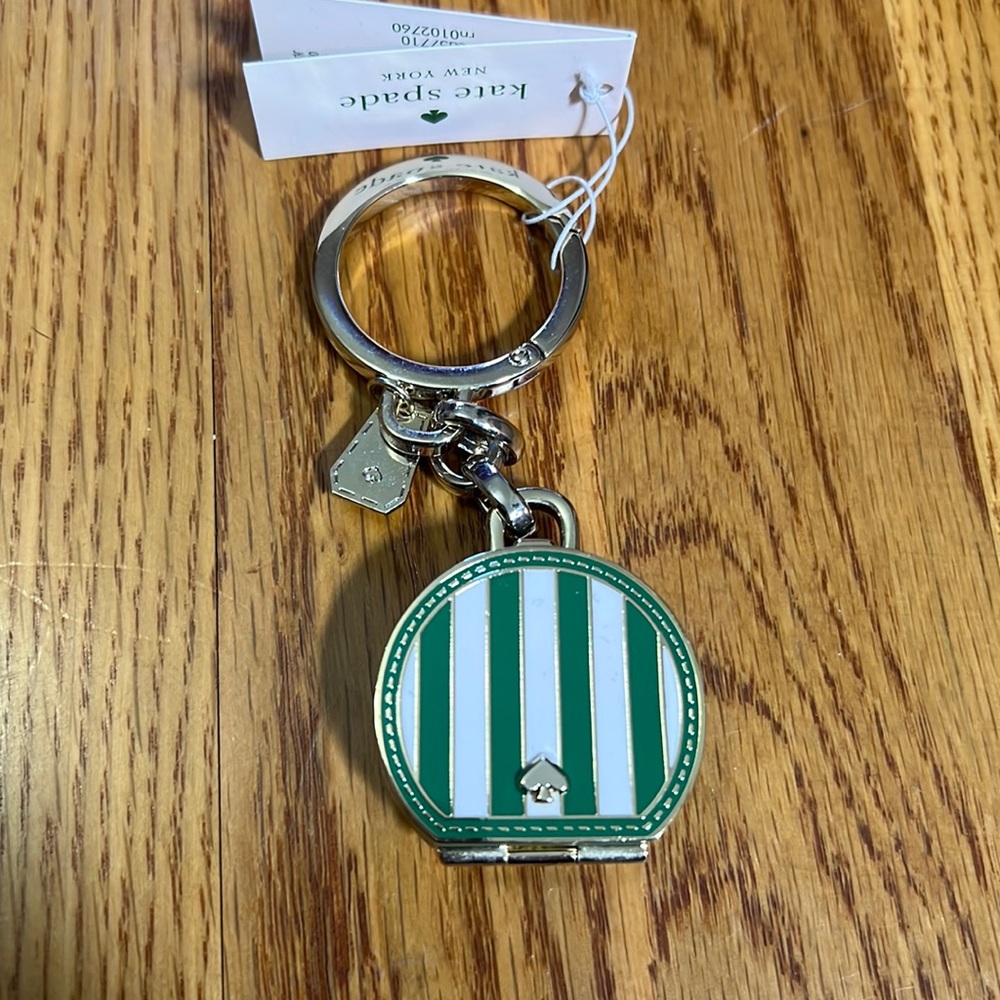 Kate Spade Traveler Even Green and White Stripe Jacquard Metal Trunk Key…